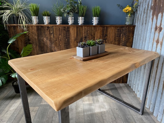 Live edge Industrial dining table with square loop legs and benches, bespoke wood dining table and bench package