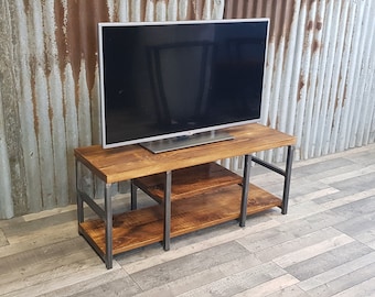 TV bench with storage Industrial style, rustic reclaimed style TV unit, media unit with vinyl storage, rustic bench with shoe storage