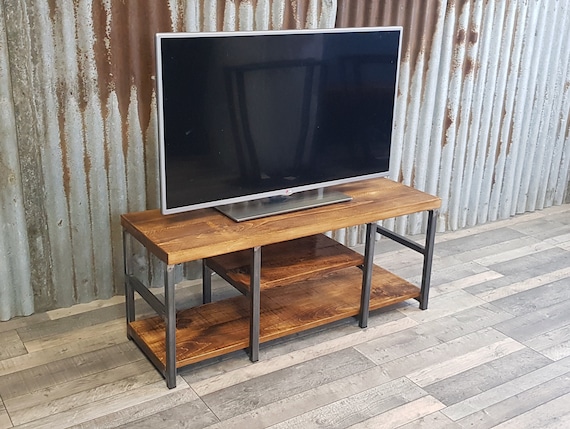 TV bench with storage Industrial style, rustic reclaimed style TV unit, media unit with vinyl storage, rustic bench with shoe storage