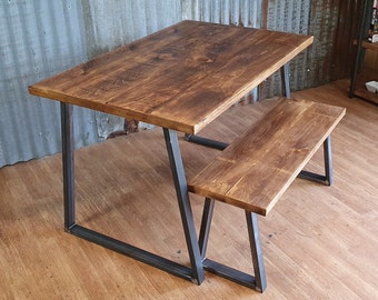 Industrial dining table with trapezium legs and bench, dining table and bench sets, solid wood dining tables, bespoke furniture