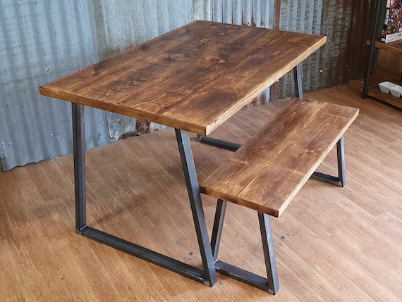 Industrial dining table with trapezium legs and bench, dining table and bench sets, solid wood dining tables, bespoke furniture