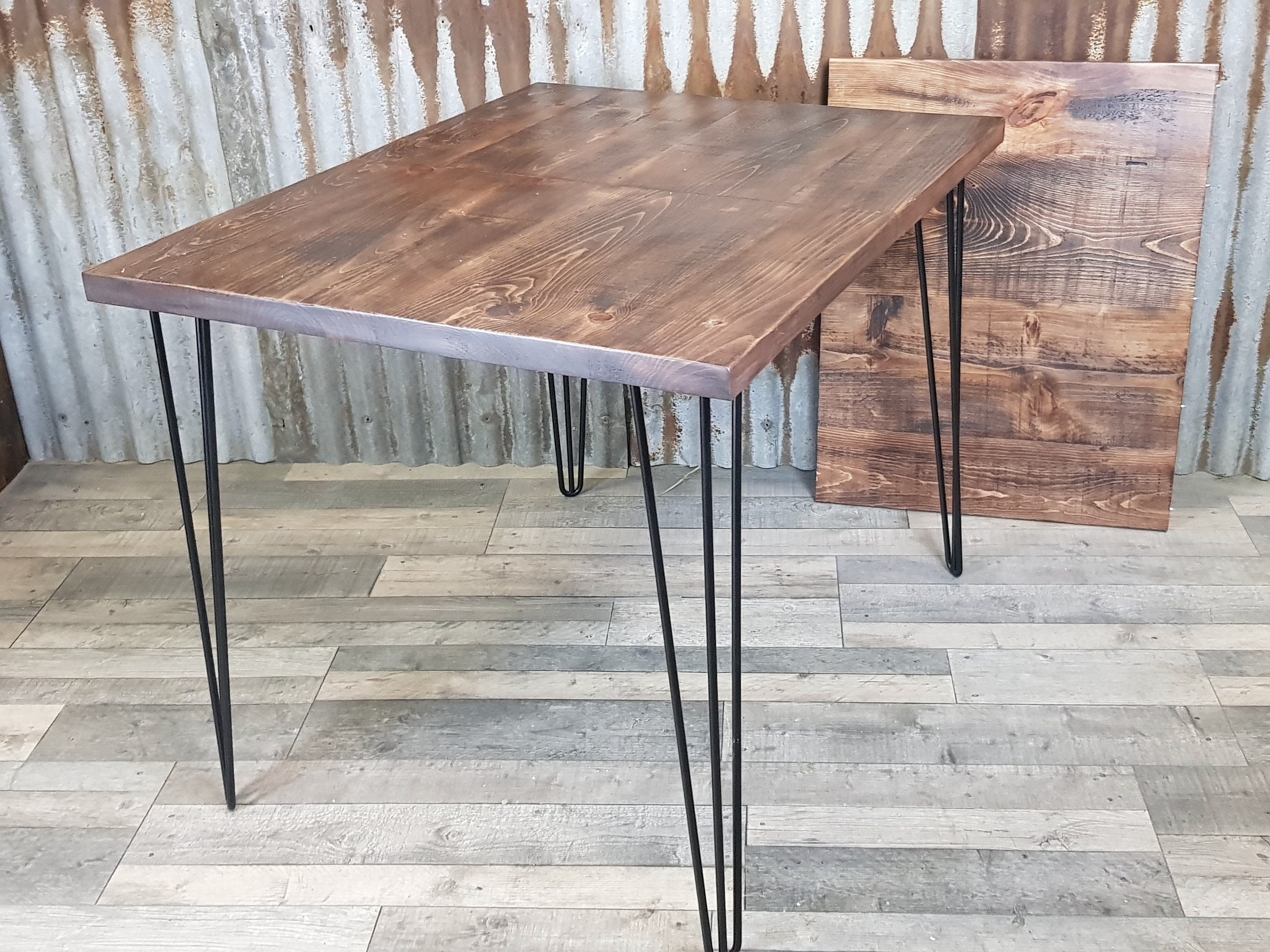 Extending dining table with hairpin legs, industrial extending table