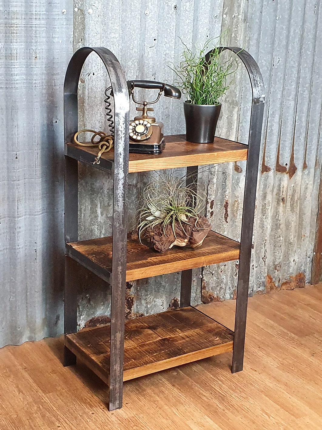 Industrial free standing ladder shelving unit, lean to bespoke shelving