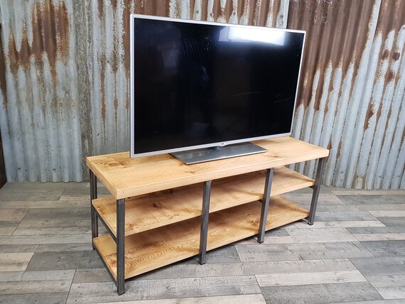 TV bench Industrial-inspired, rustic TV bench, bespoke wooden media unit, rustic bench with shoe storage