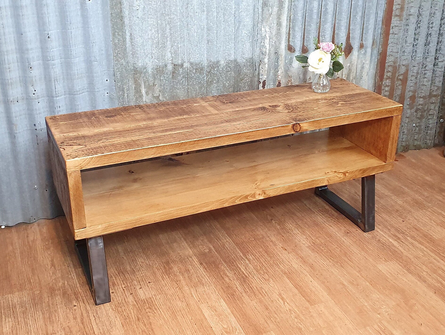 rustic solid wood TV bench with storage, industrial TV unit, bespoke