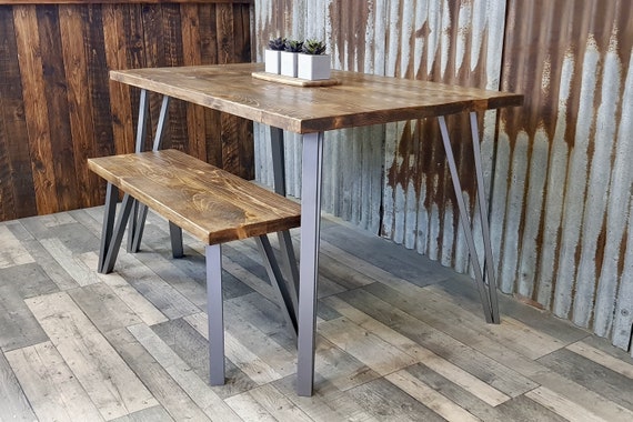 Modern Industrial reclaimed dining table with box hairpin legs legs, rustic dining table and bench package, reclaimed wood dining table