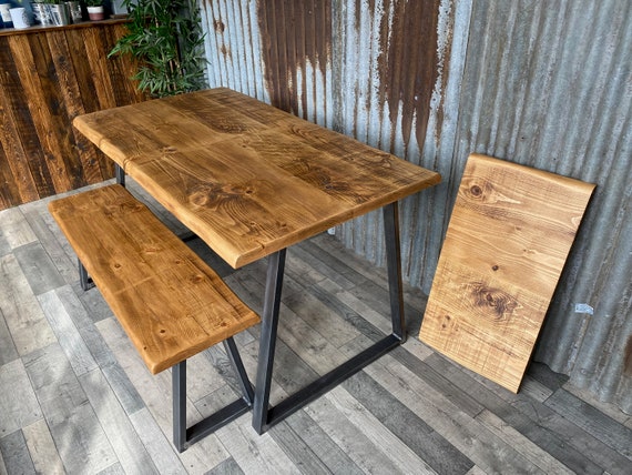 Live Edge extending dining table with trapezium legs, waney edge wooden dining table, extendable table with living edge