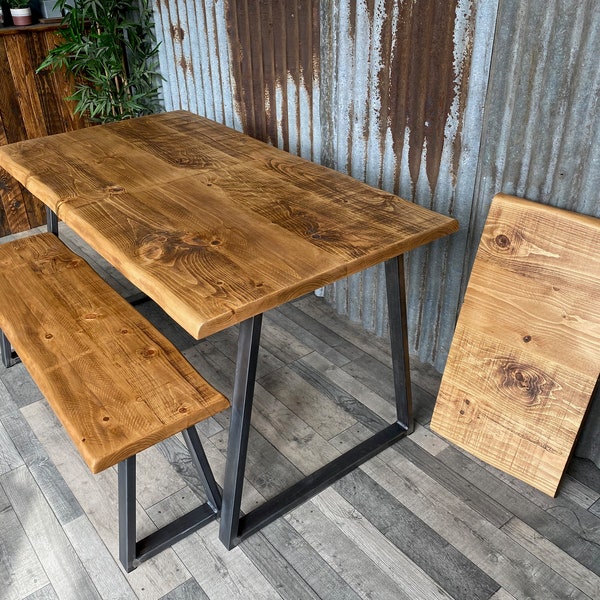 Live Edge extending dining table with trapezium legs, waney edge wooden dining table, extendable table with living edge