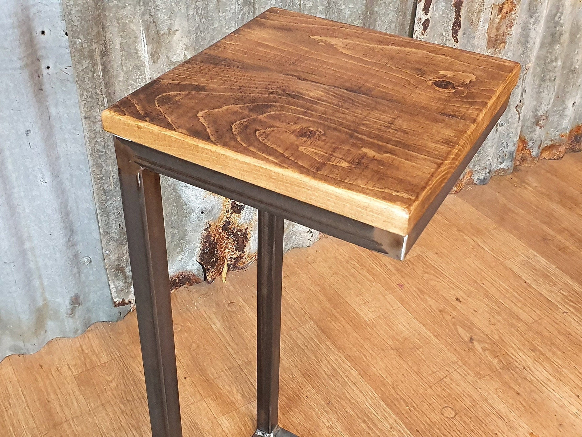 rustic industrial sofa side table, wooden Cshaped lap table, bespoke modern sofa side table