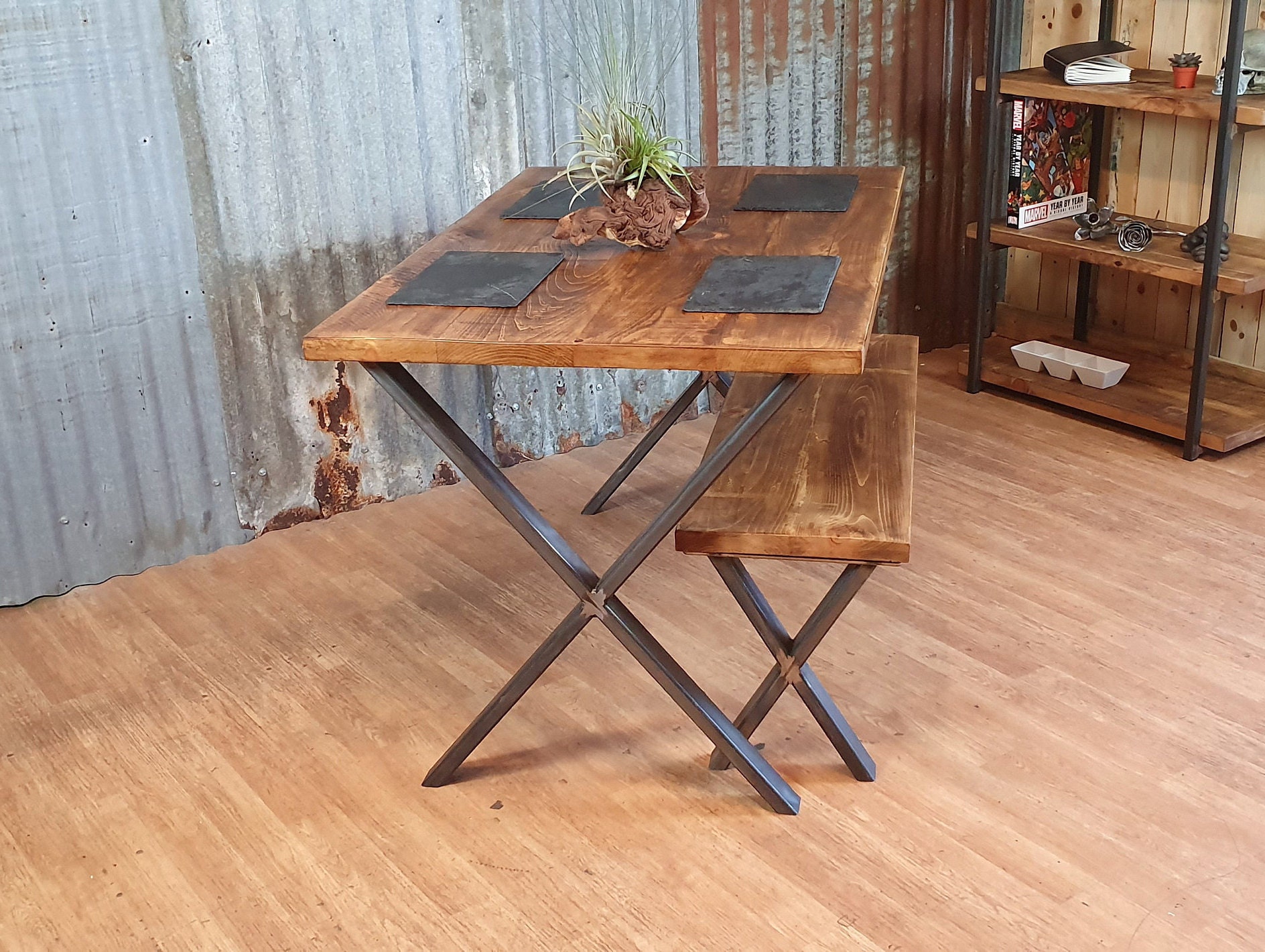 Industrial style bench with X legs, dining table benches, solid wooden