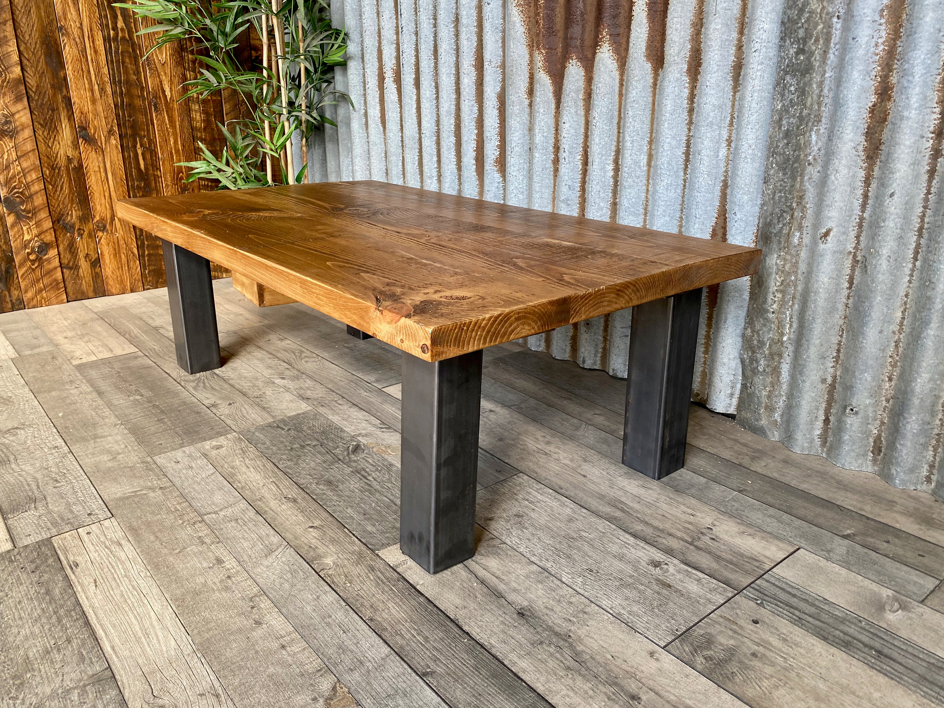 Coffee table rusticindustrial inspired with chunky steel legs, rustic coffee table, solid wood