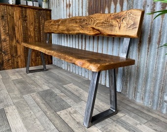 Live edge bench with back modern-industrial style, dining table bench, solid wood bench,