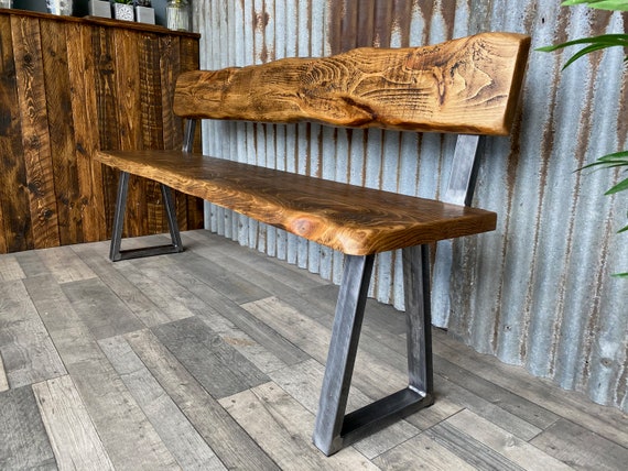 Live edge bench with back modern-industrial style, dining table bench, solid wood bench,