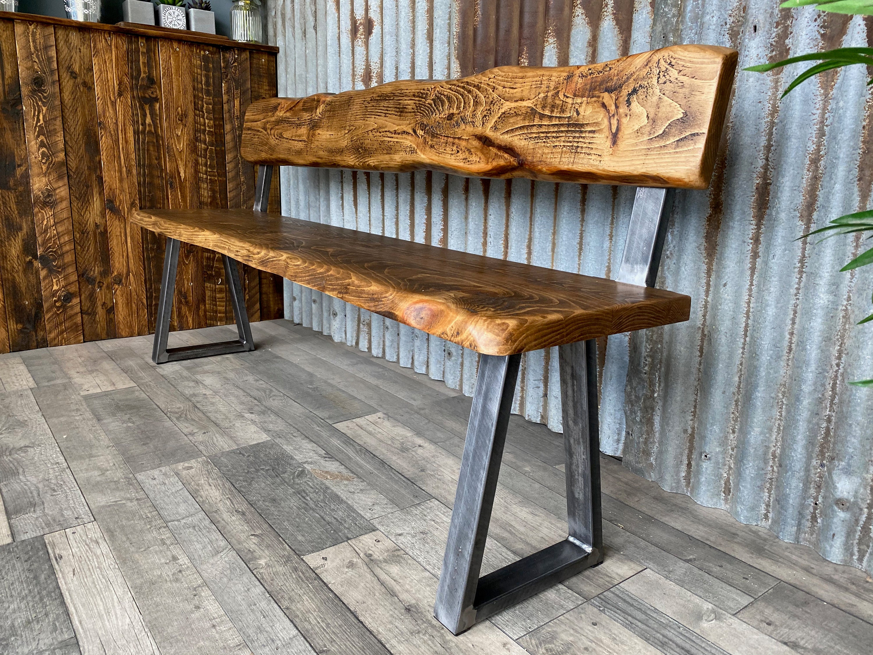 Live edge bench with back modernindustrial style, dining table bench