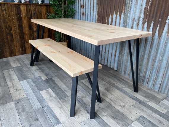 Modern Industrial reclaimed dining table with box hairpin legs legs, rustic dining table and bench package, reclaimed wood dining table