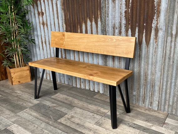 bench with back, industrial style dining table bench with box hairpin legs, solid wood bench,