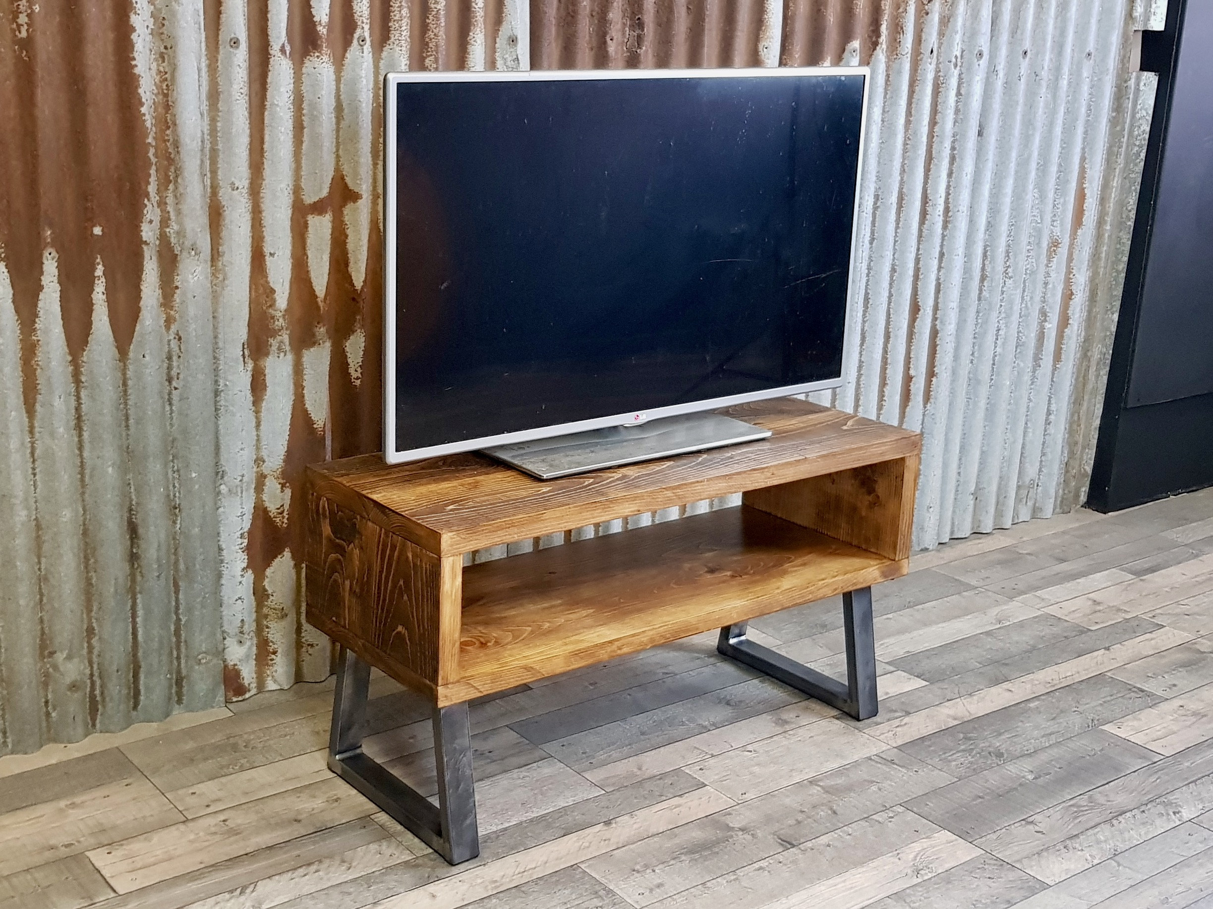 Rustic TV bench with storage, industrial TV unit, bespoke wooden media unit, rustic bench with