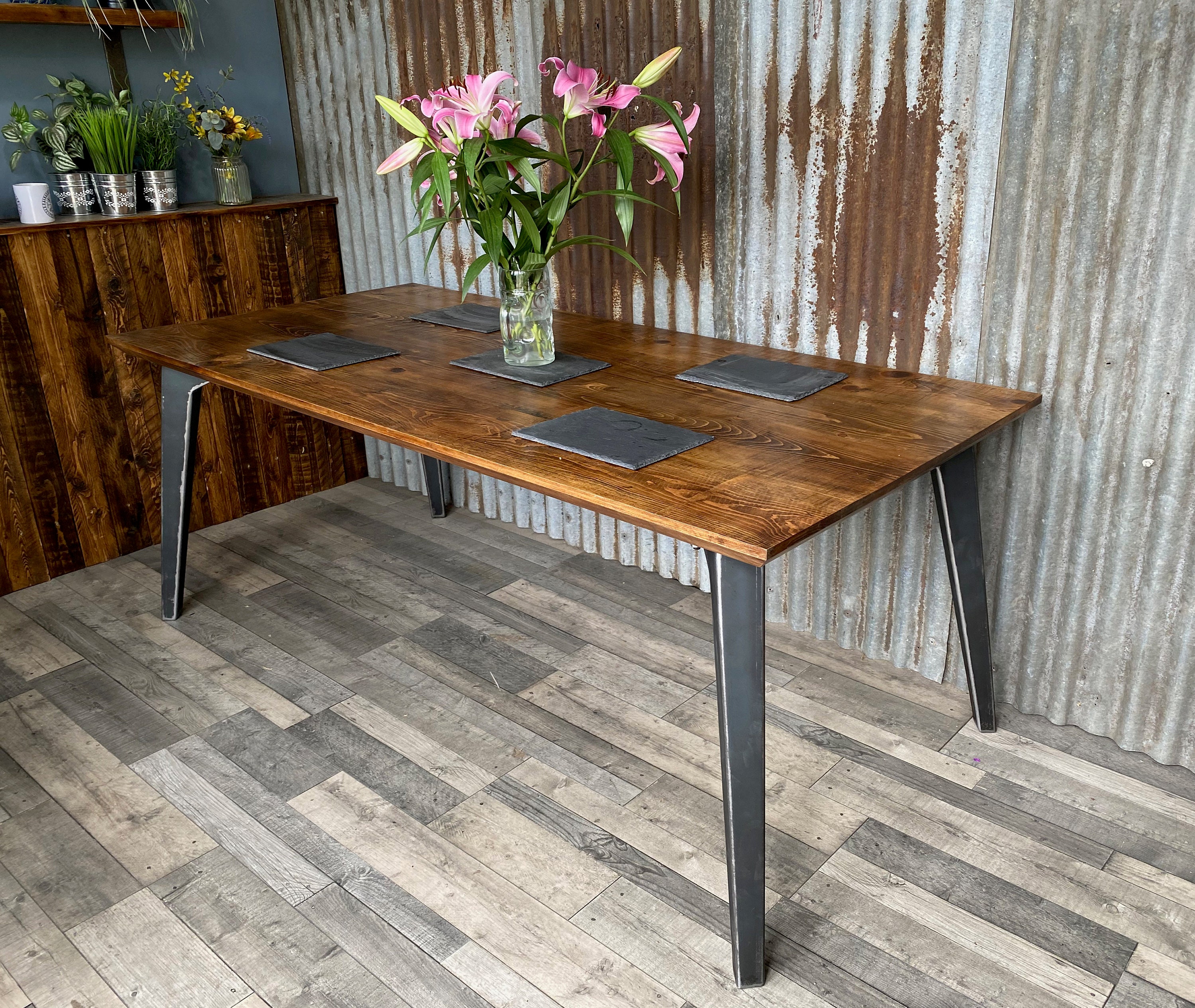 Unique design dining table with steel legs, rustic Industrial dining