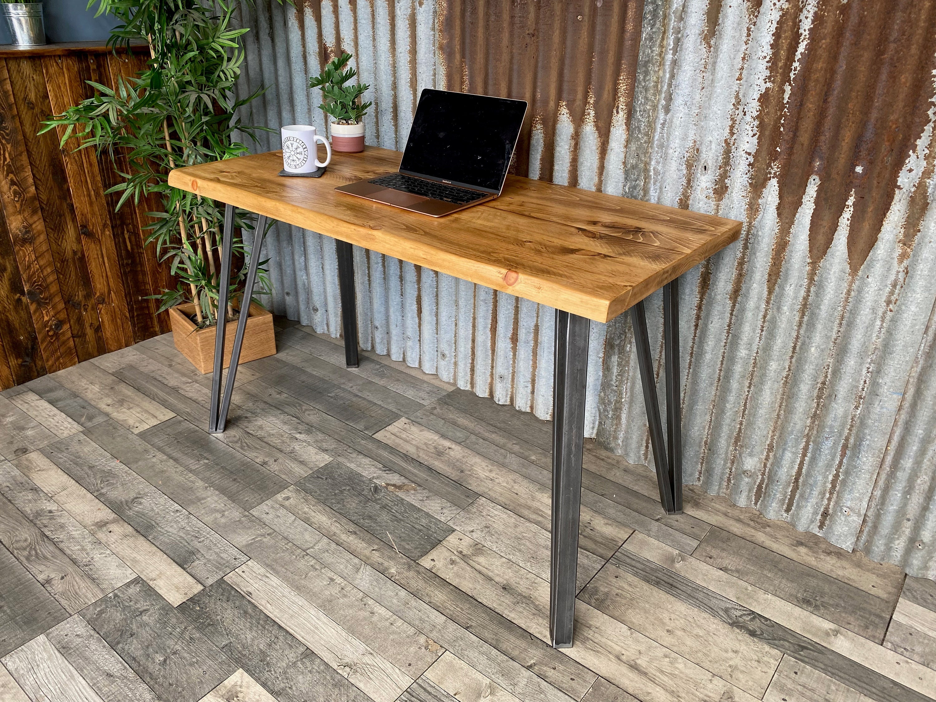 Industrial style live edge desk with modern box hairpin legs simple home office study desk