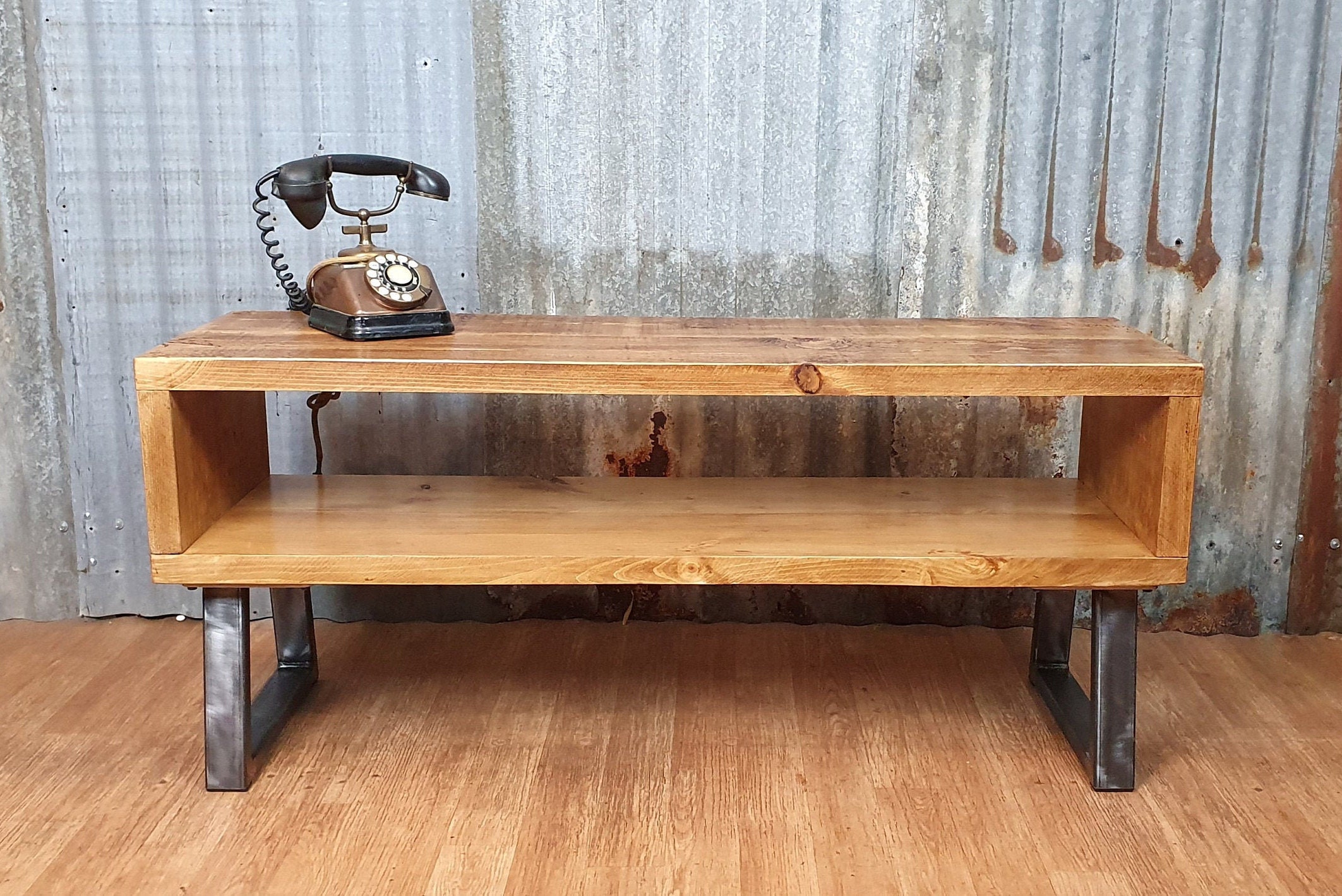 rustic solid wood TV bench with storage, industrial TV unit, bespoke wooden media unit, rustic 
