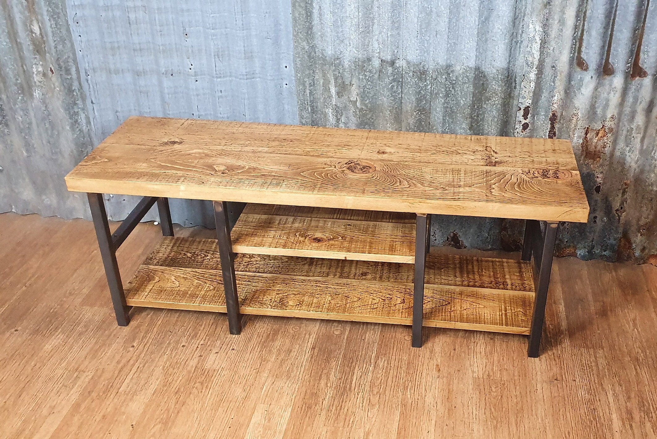 Industrialinspired TV bench with storage, rustic reclaimed style TV