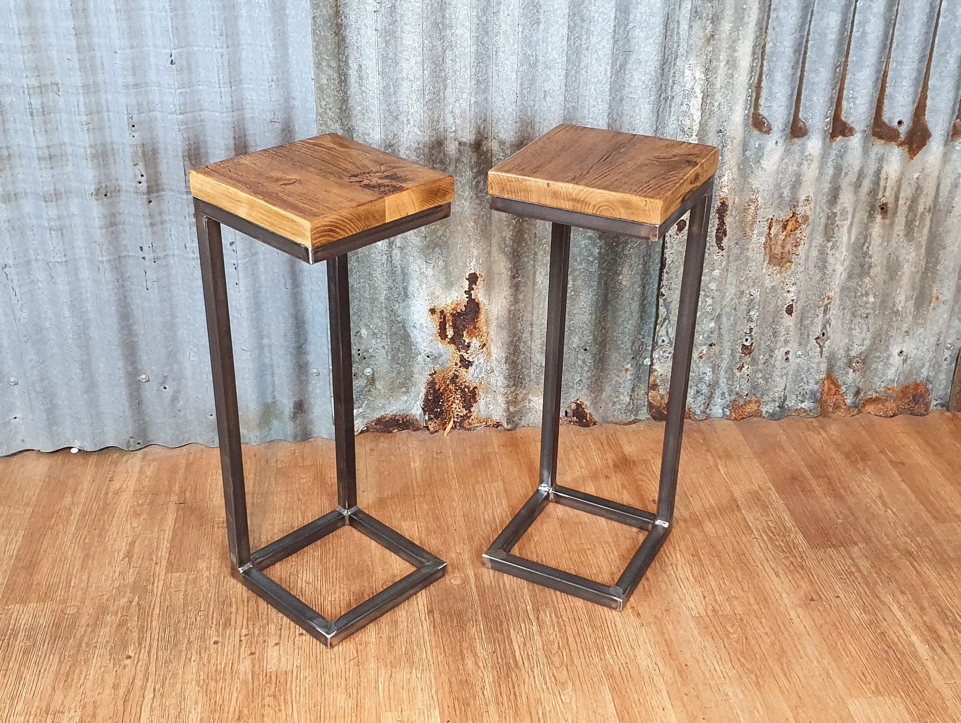 rustic industrial sofa side table, wooden Cshaped lap table, bespoke