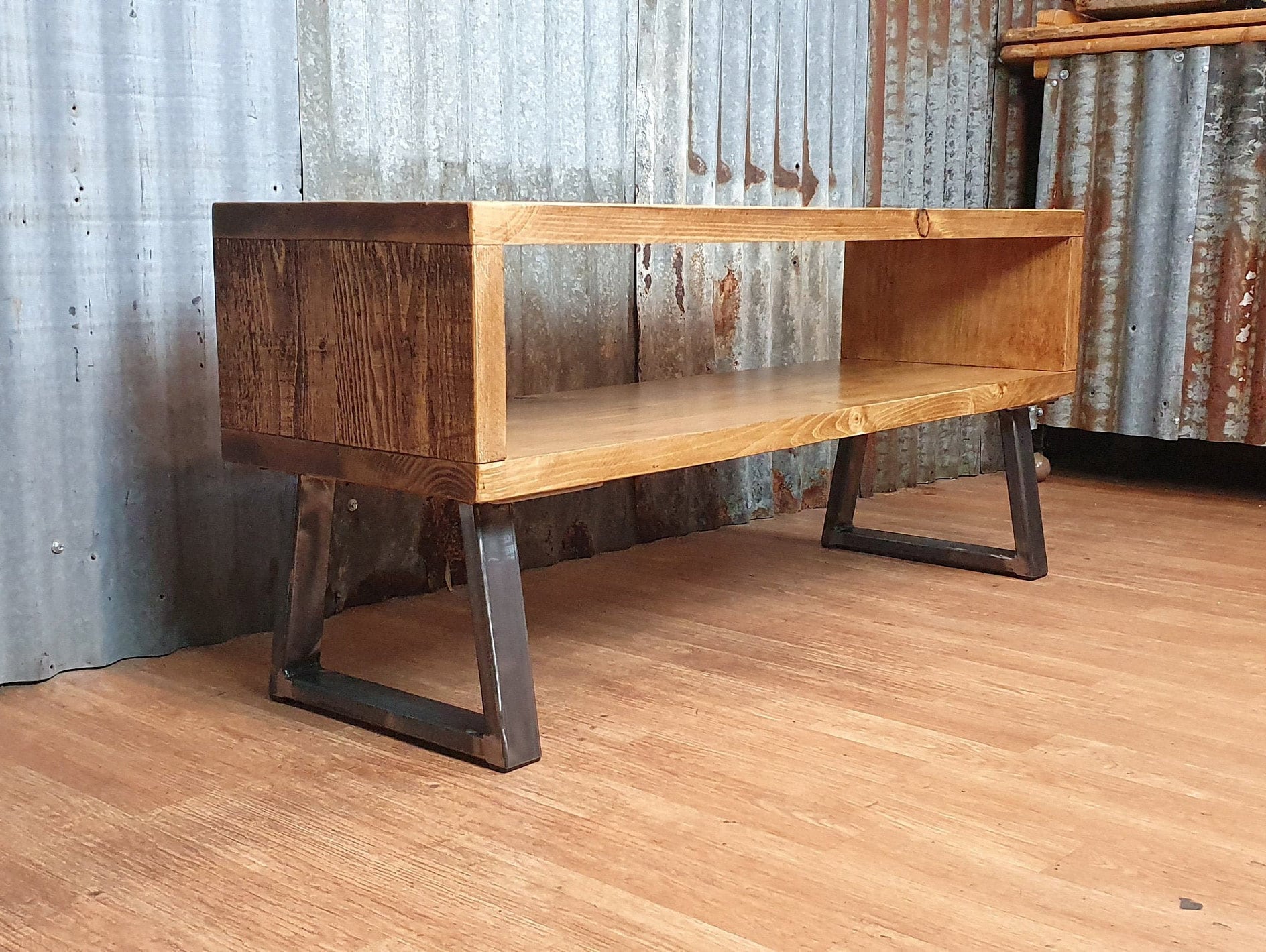 rustic solid wood TV bench with storage, industrial TV unit, bespoke