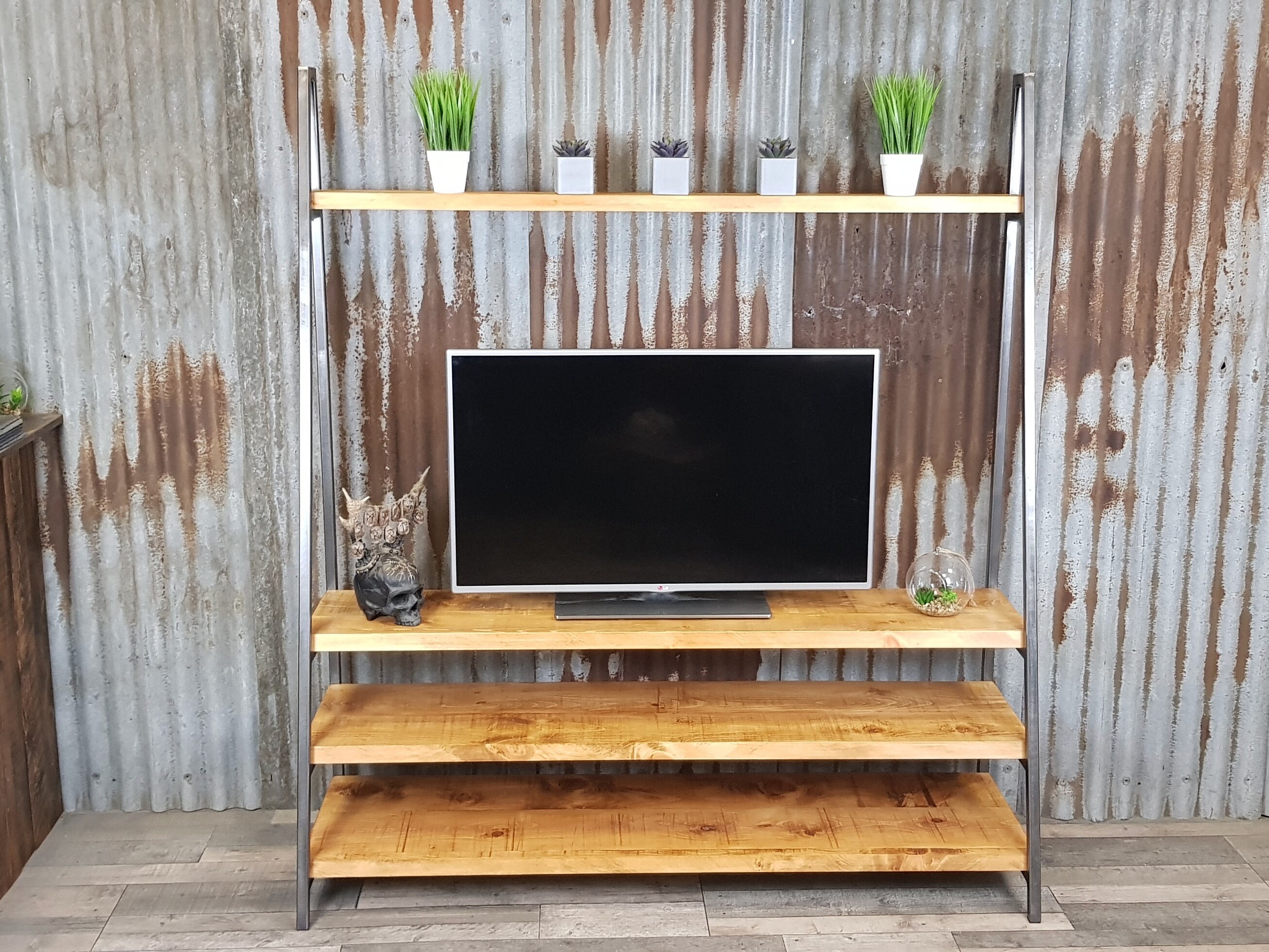 free standing ladder TV media unit modernindustrial style, lean to