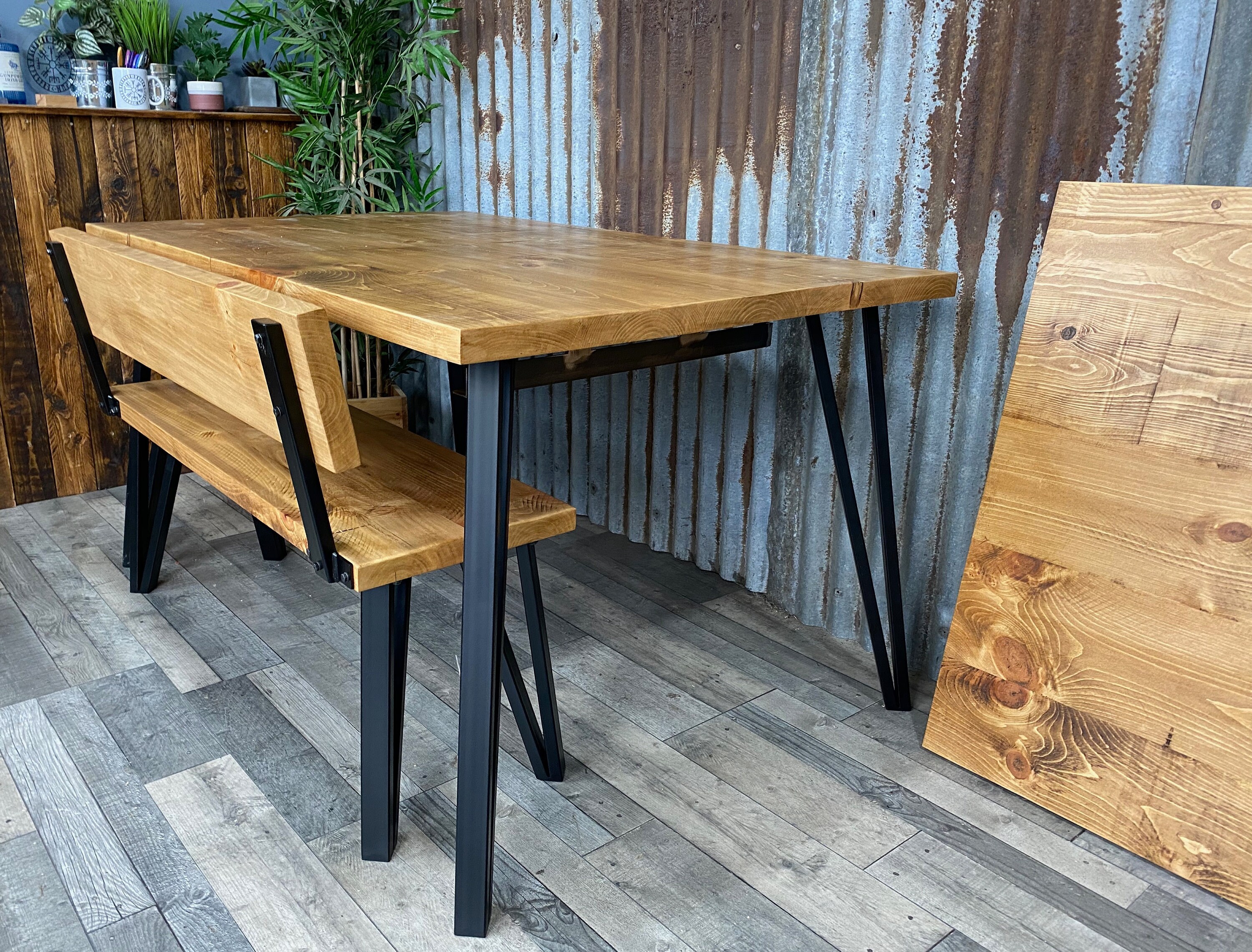 bench with back, industrial style dining table bench with box hairpin