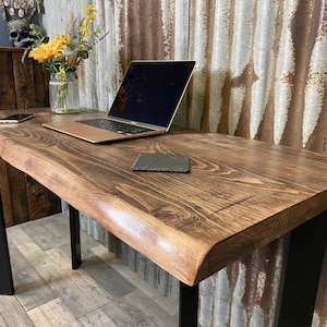 Live edge desk with single pin legs, compact desk for home office, budget student desk