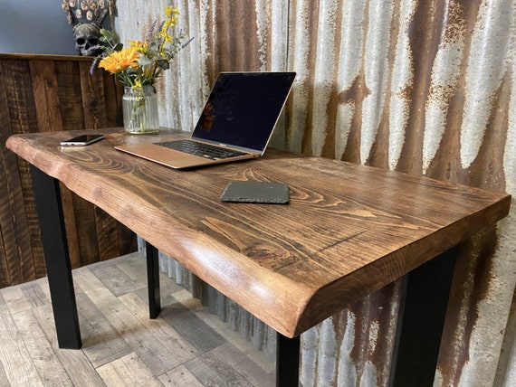 Live edge desk with single pin legs, compact desk for home office, budget student desk