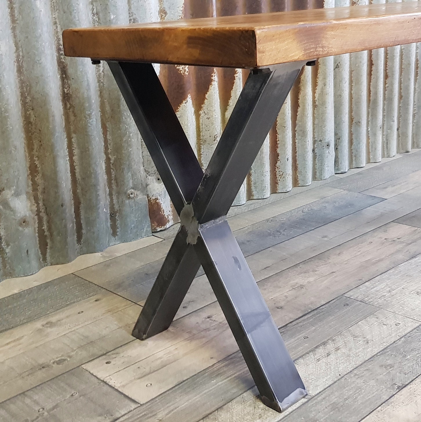 Industrial style bench with X legs, dining table benches, solid wooden