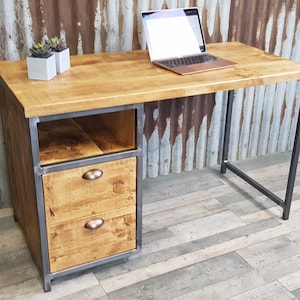 desk with storage modern-industrial style, compact desk for home office, desk with shelf storage