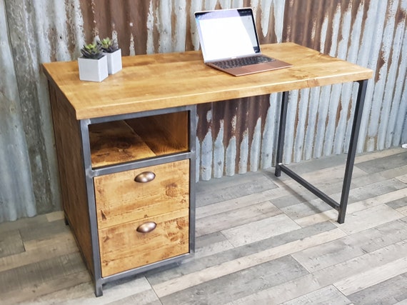 desk with storage modern-industrial style, compact desk for home office, desk with shelf storage