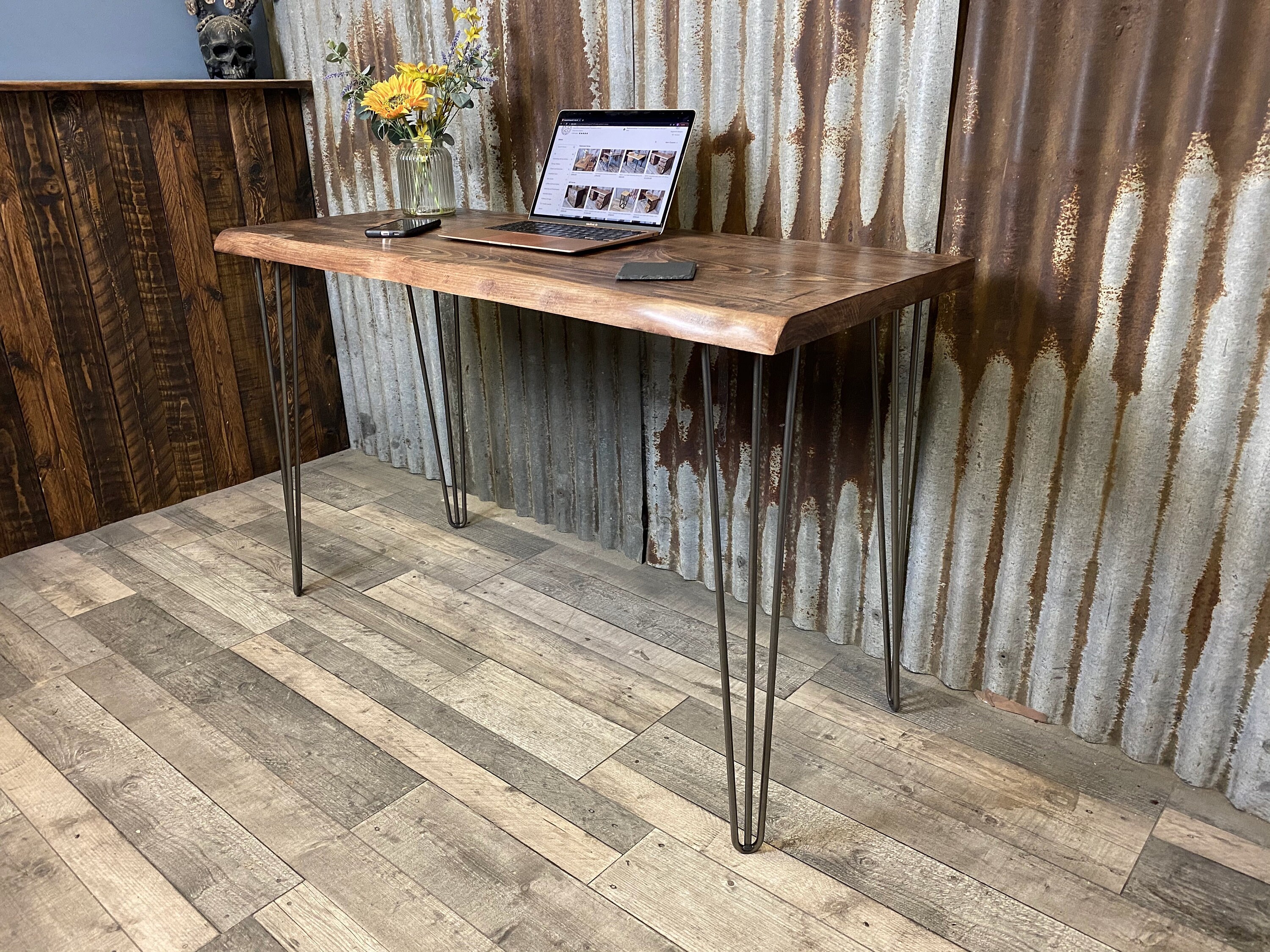 Live edge desk with hairpin legs, compact desk for home office, budget
