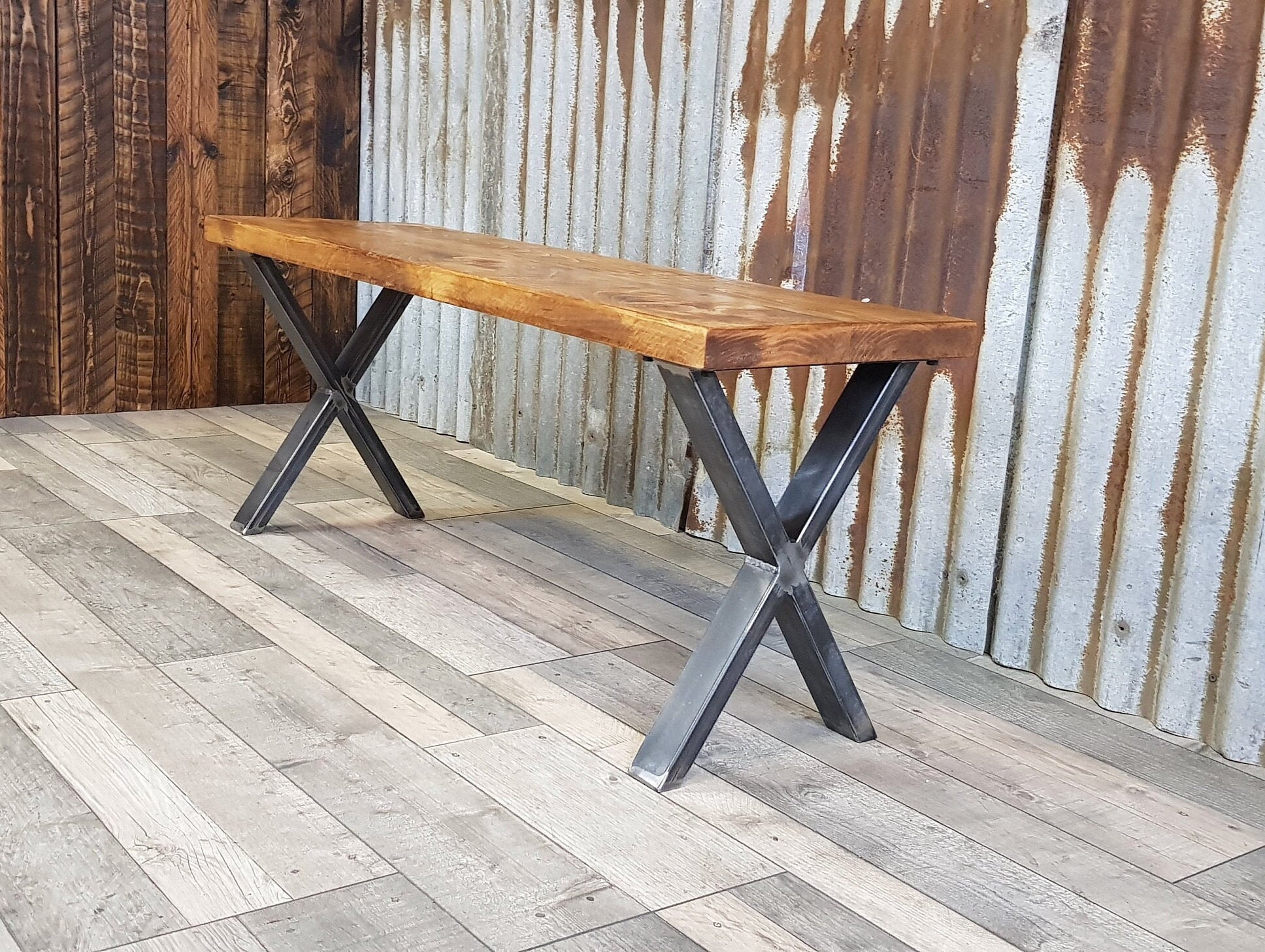 Industrial style bench with X legs, dining table benches, solid wooden