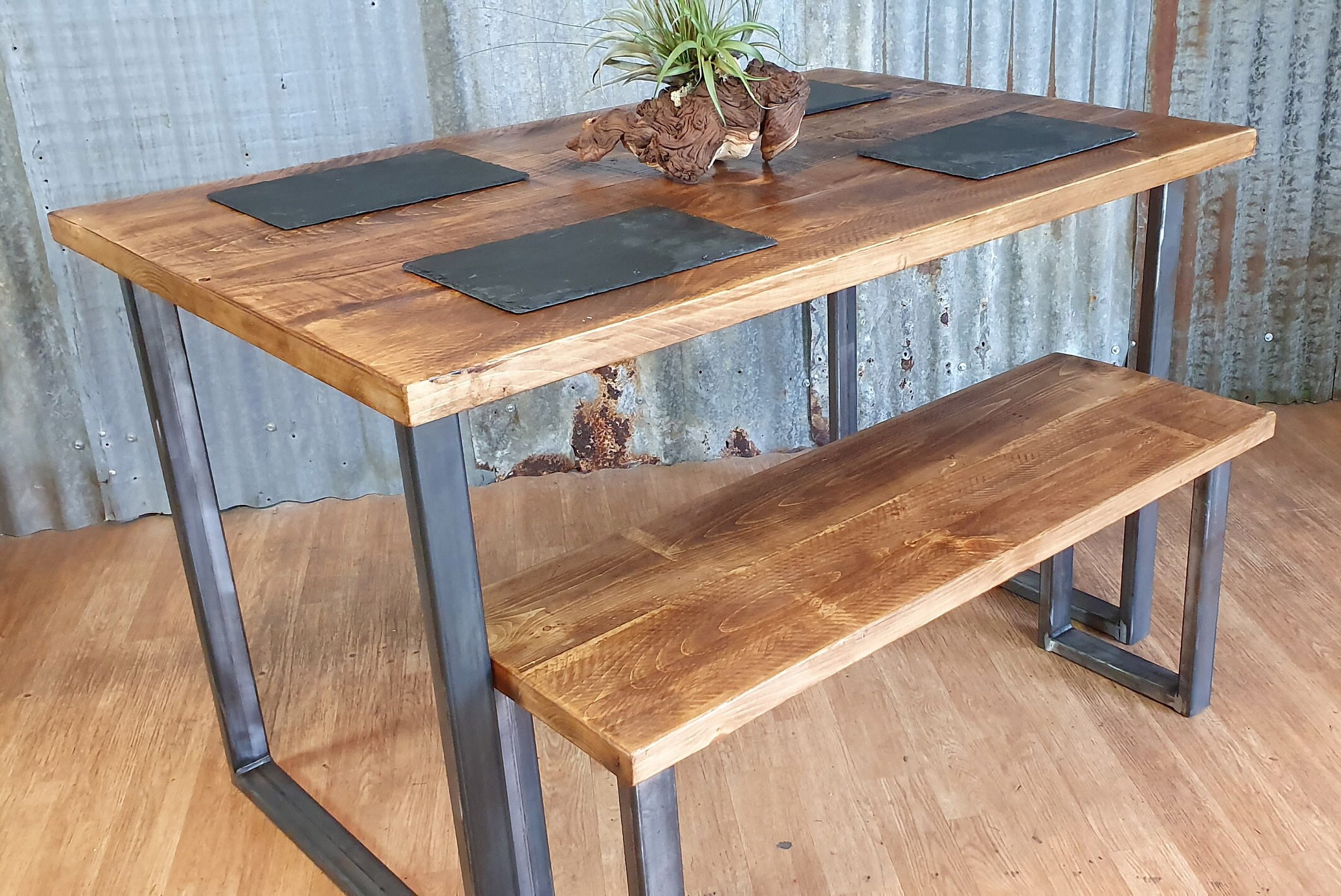 Industrial dining table with square loop legs, rustic wood dining table