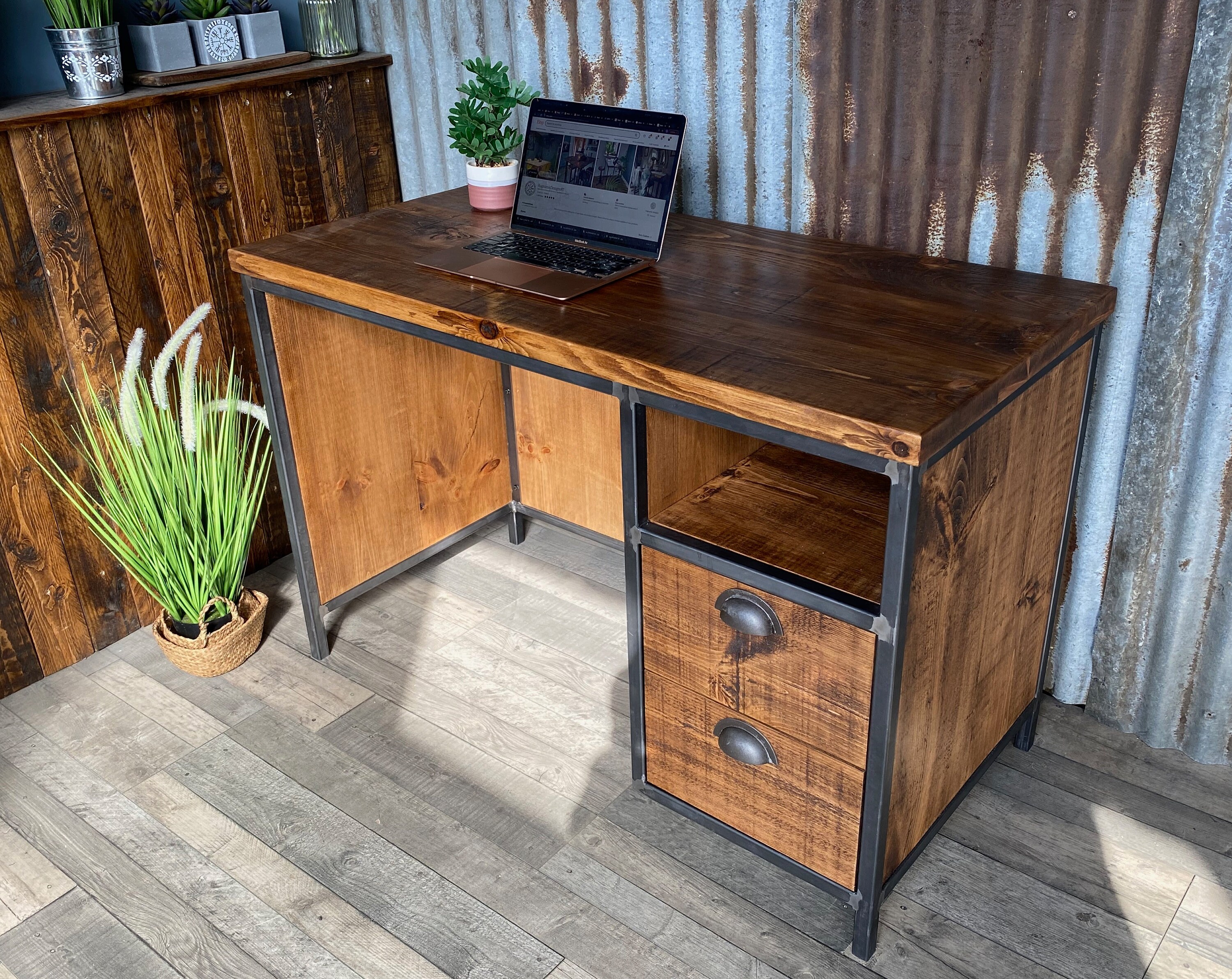 Industrial rustic desk with storage compact desk for home office