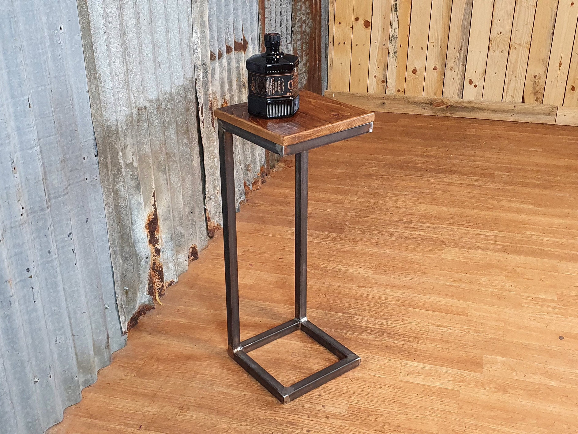 rustic industrial sofa side table, wooden Cshaped lap table, bespoke