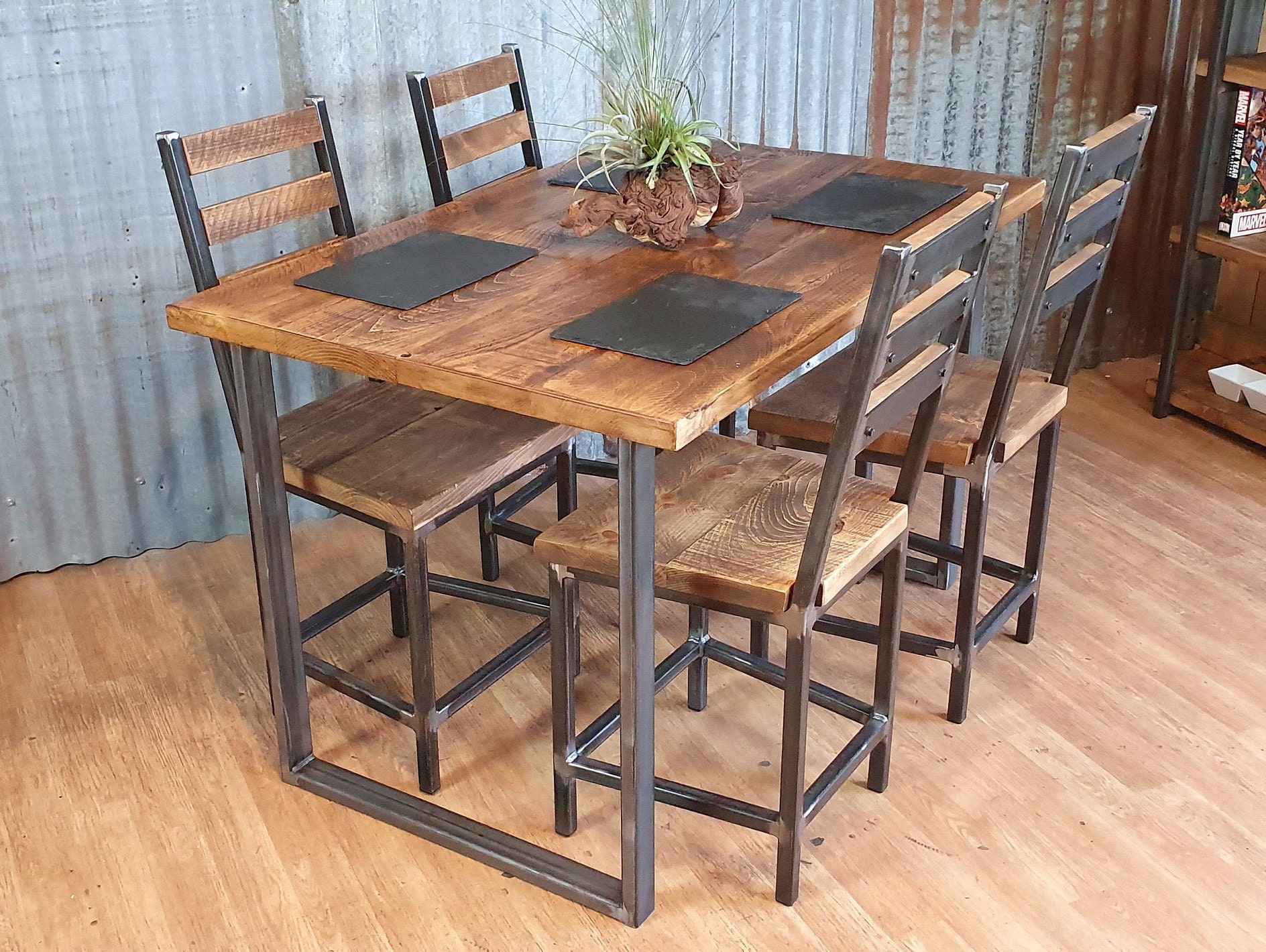 Industrial dining table with square loop legs, rustic wood dining table