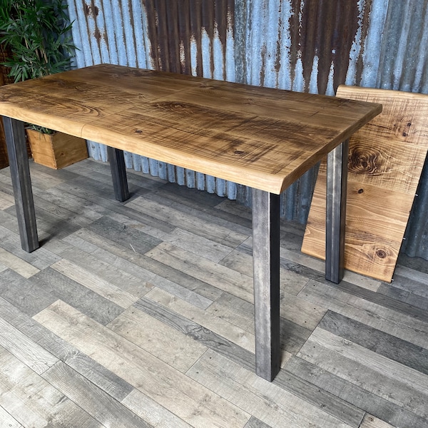 Live Edge extending dining table with angled steel legs, waney edge farmhouse table, extendable table with living edge