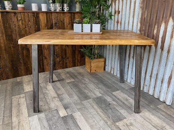 Live edge dining table with angled pin legs, Waney edge rustic farmhouse table, Modern-Industrial dining tables, table and bench package