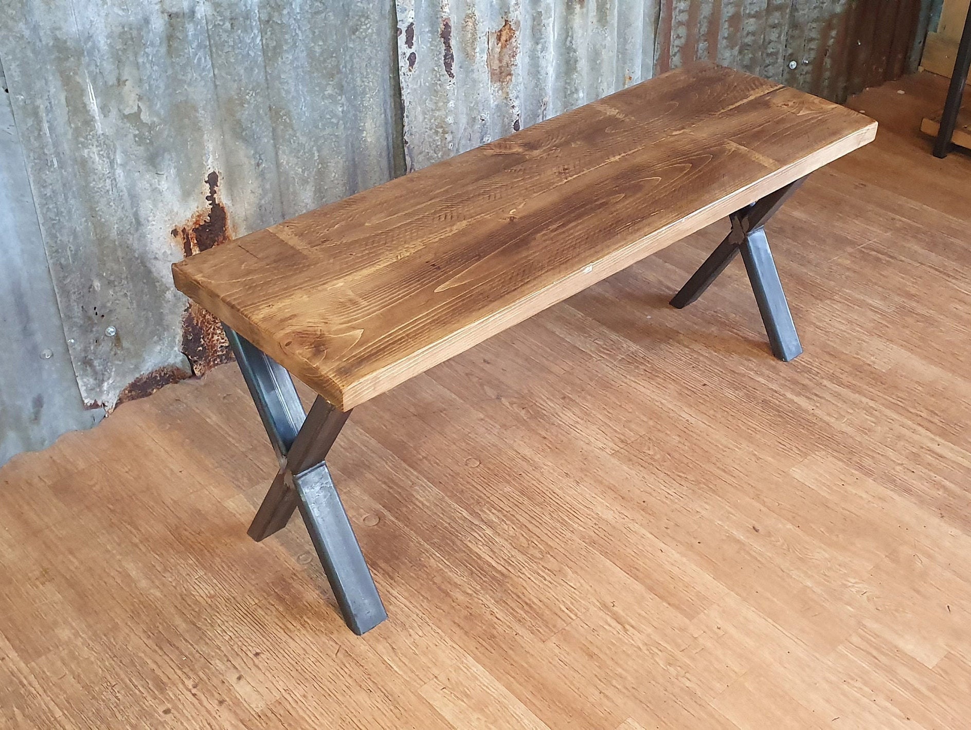Industrial style bench with X legs, dining table benches, solid wooden