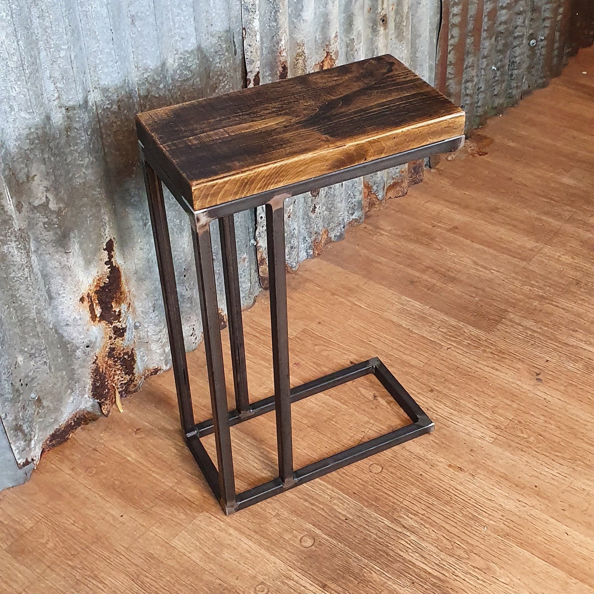 rustic industrial sofa side table, wooden C-shaped lap table, bespoke