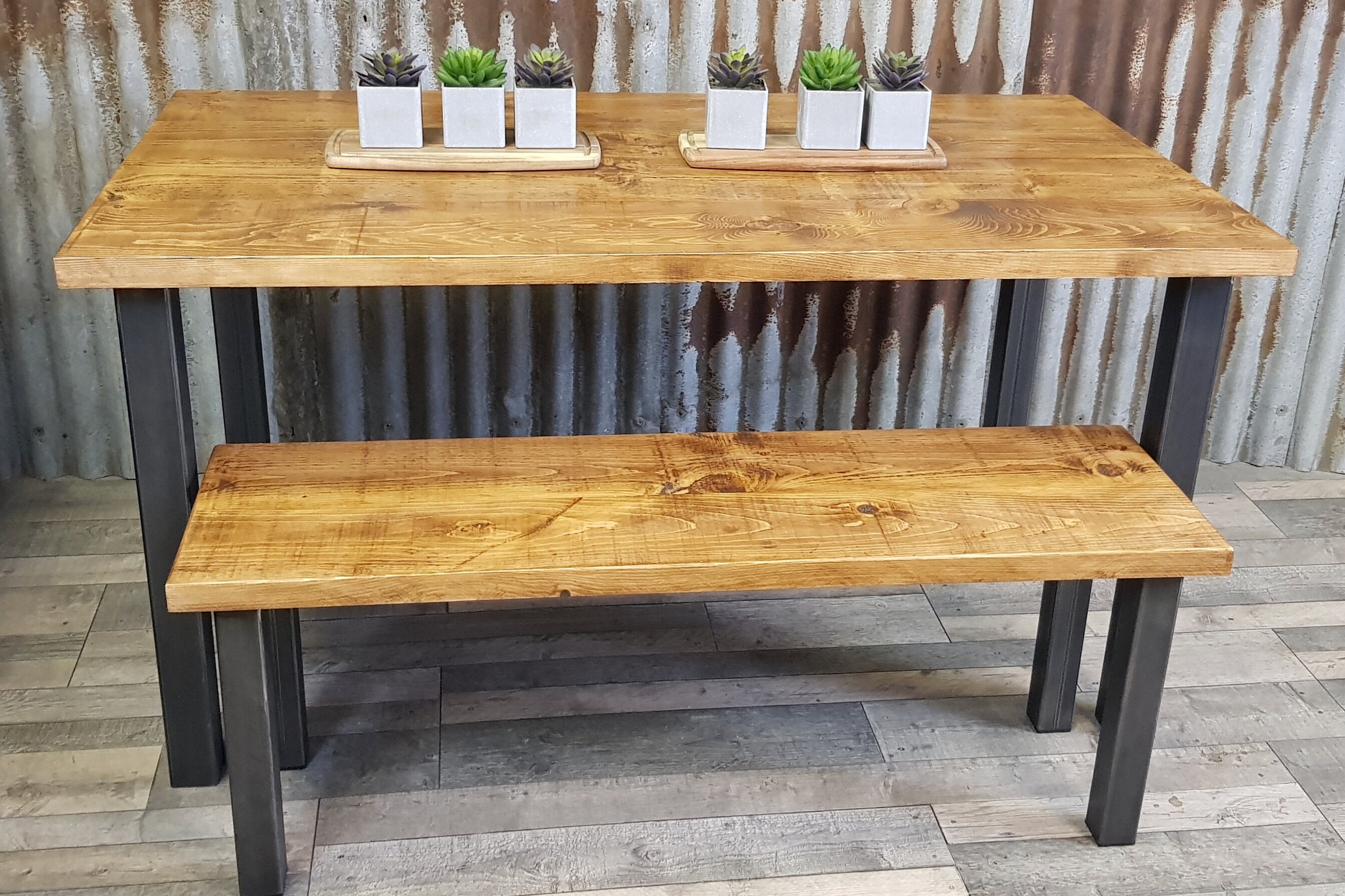 Modern Industrial reclaimed dining table with square legs, rustic