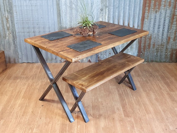 Industrial dining table with X style legs and bench, dining table and bench package, reclaimed industrial bespoke furniture