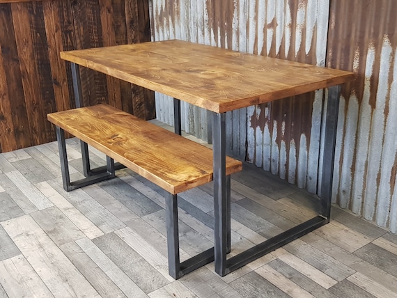 dining table with steel square loop legs and bench, dining table and bench package, reclaimed wood dining table, bespoke dining tables