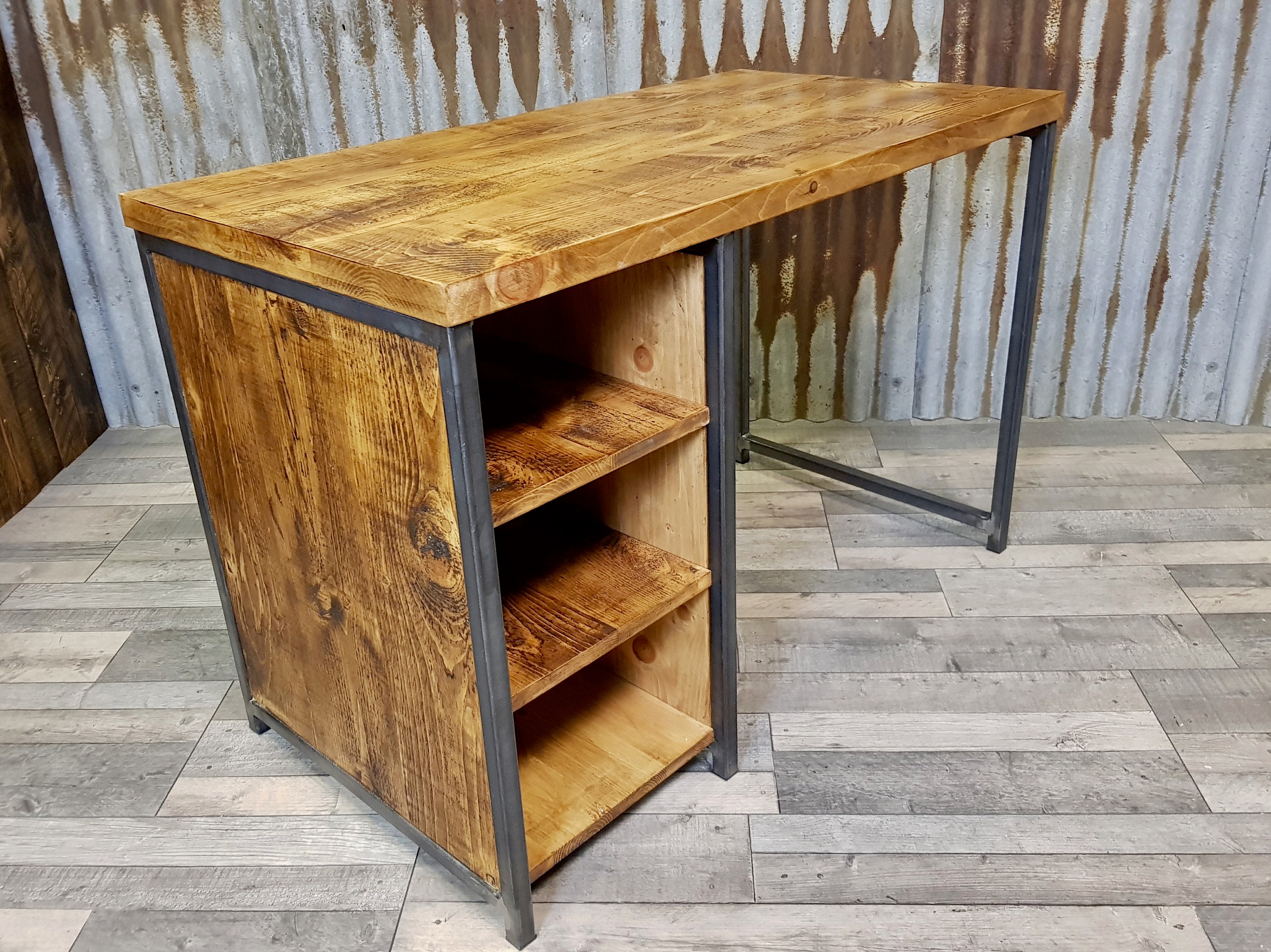 Industrial rustic desk with storage, compact desk for home office, desk