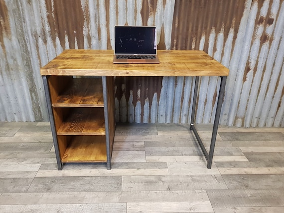 Industrial rustic desk with storage, compact desk for home office, desk with shelf storage