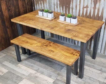 Modern Industrial reclaimed dining table with square legs, rustic dining table and bench package, reclaimed wood dining table